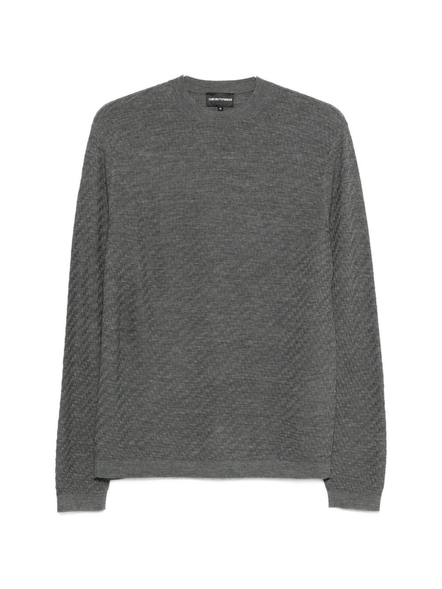 Emporio Armani Virgin Wool Crewneck Sweater For Men Grey Textured Knit Classic Fit Everyday Luxury