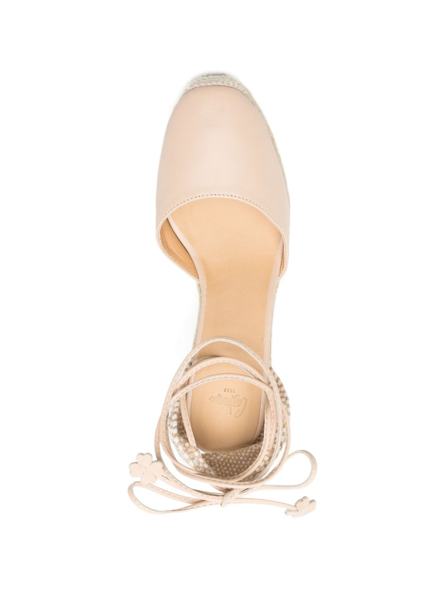 Castañer Carina Espadrilles Women Powder Beige 9cm Wedge With Ankle Tie Comfortable