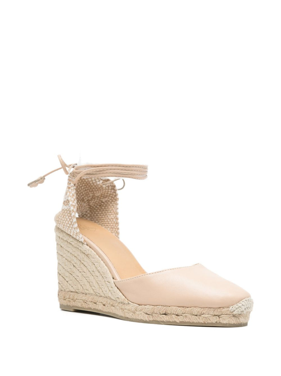 Castañer Carina Espadrilles Women Powder Beige 9cm Wedge With Ankle Tie Comfortable