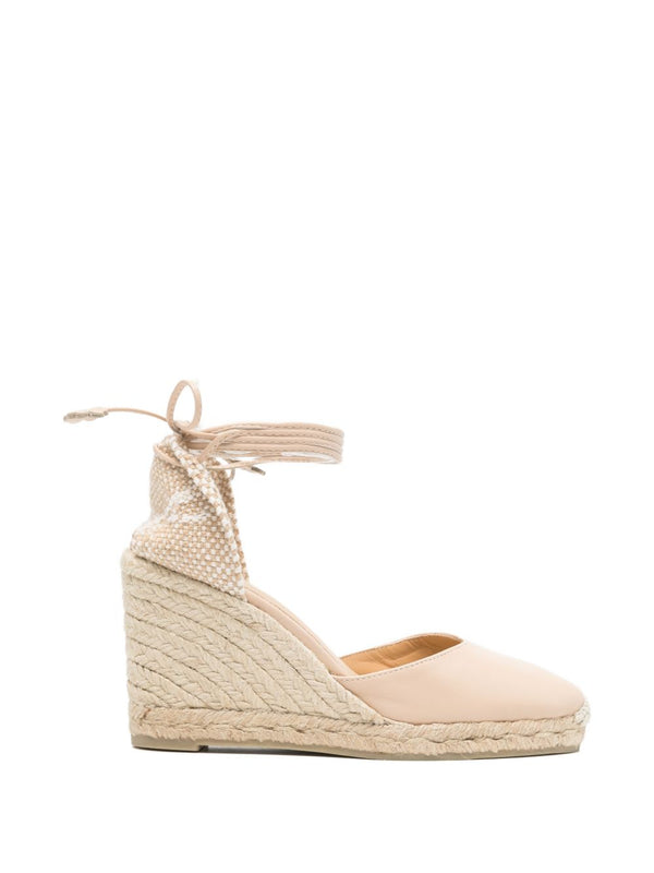 Castañer Carina Espadrilles Women Powder Beige 9cm Wedge With Ankle Tie Comfortable
