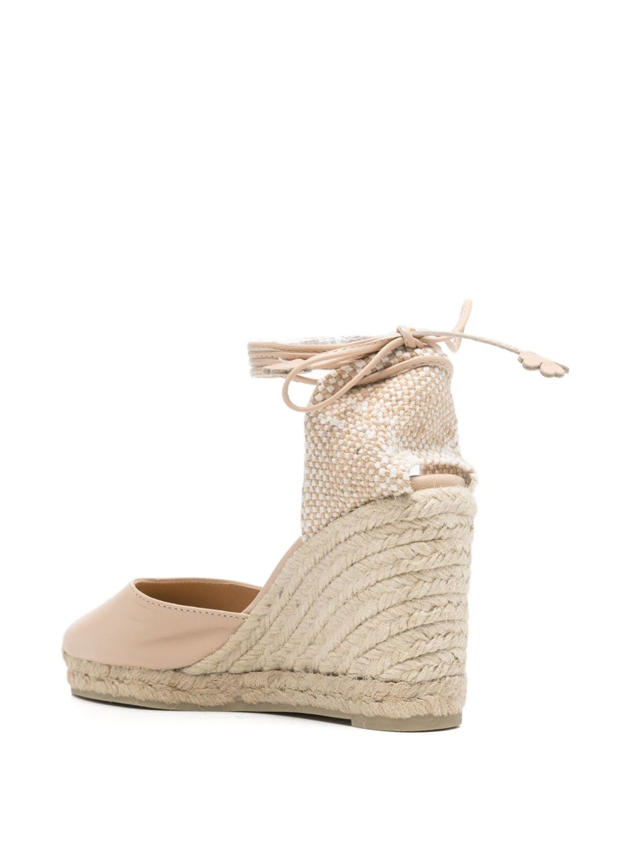 Castañer Carina Espadrilles Women Powder Beige 9cm Wedge With Ankle Tie Comfortable