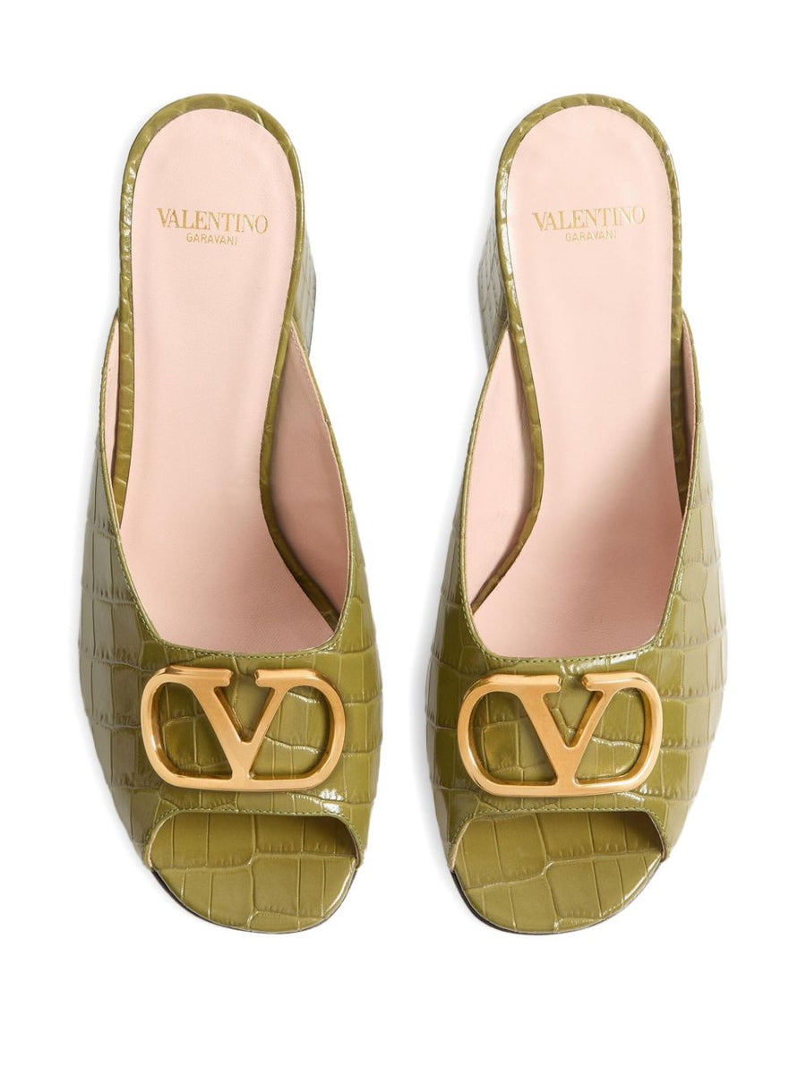 Valentino Garavani VLogo Signature Slide Sandal For Women Olive Green Crocodile Print Calfskin Luxury