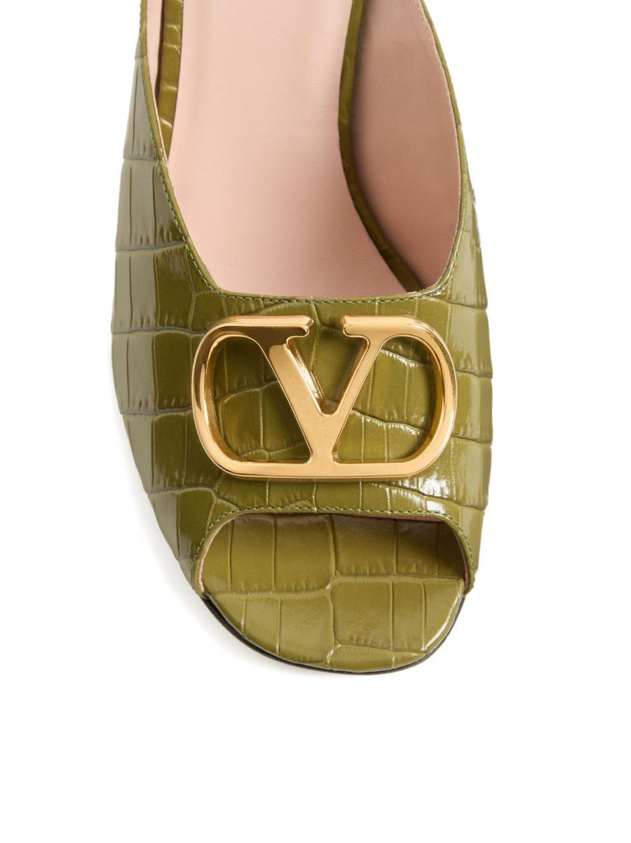 Valentino Garavani VLogo Signature Slide Sandal For Women Olive Green Crocodile Print Calfskin Luxury