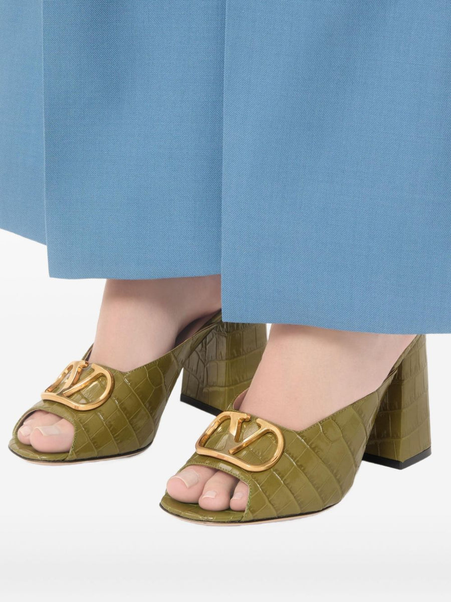 Valentino Garavani VLogo Signature Slide Sandal For Women Olive Green Crocodile Print Calfskin Luxury