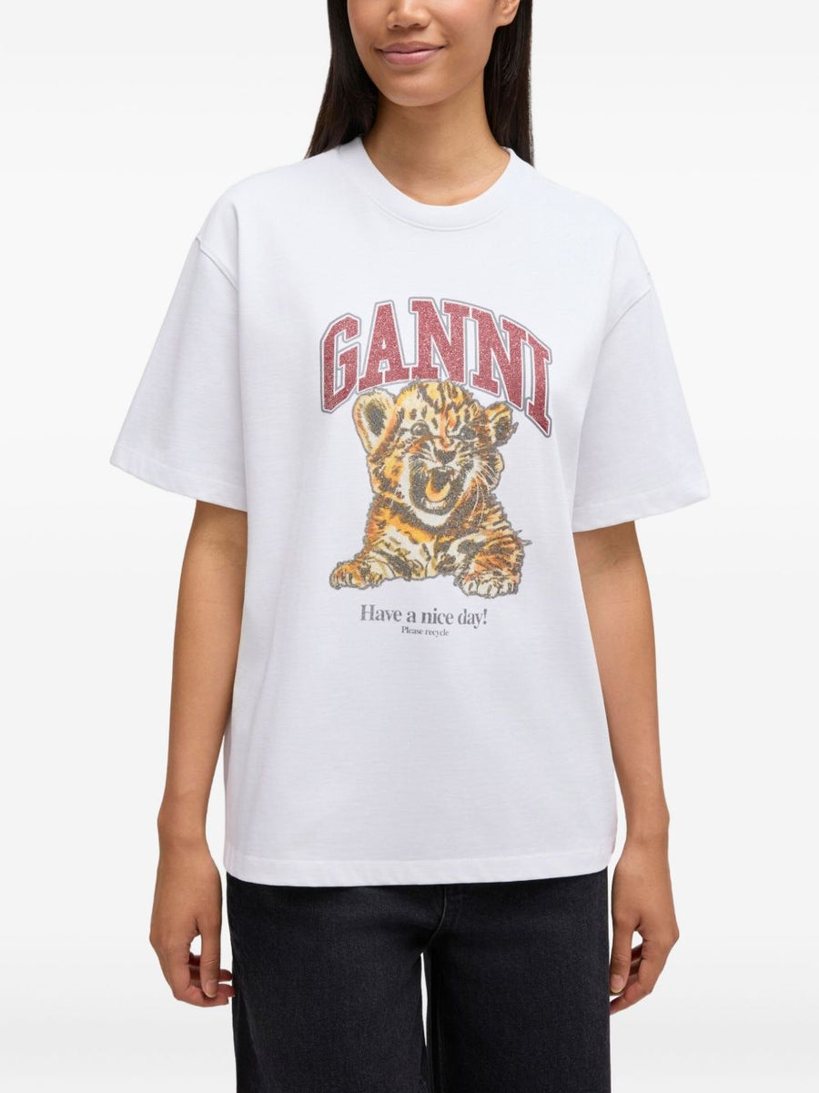 Ganni Baby Tiger White Organic Cotton T Shirt Topwear Women