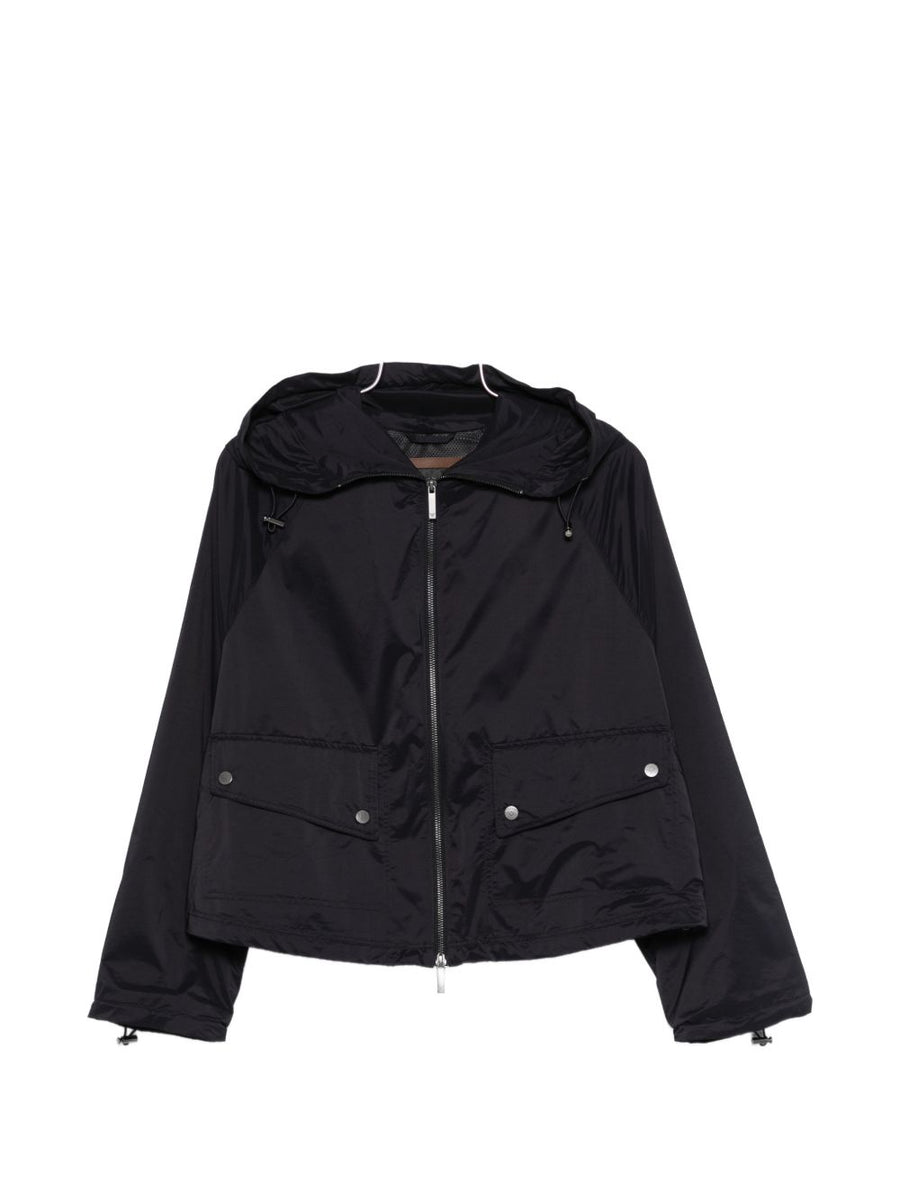Emporio Armani Nylon Blouson Jacket for Women Luxurious Lightweight Hooded Front Zip Navy