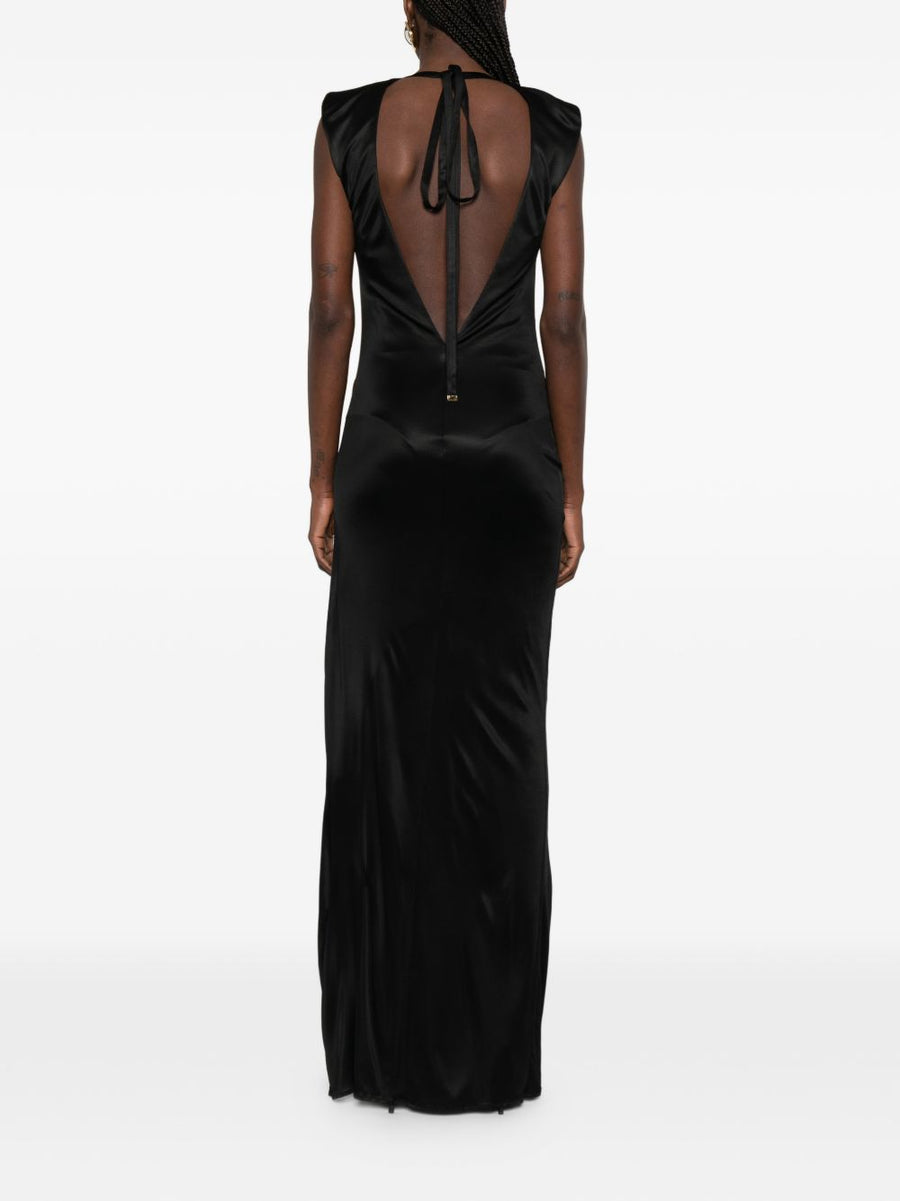 Elisabetta Franchi Black Sleeveless Long Evening Dress With Draped Detailing And Back Tie