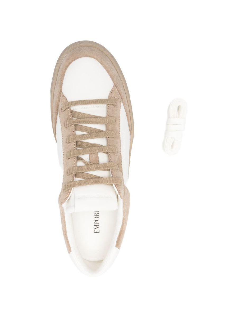 Emporio Armani Leather Sneakers For Men Premium 100 Percent Bovine Split Leather White Beige Lace Up