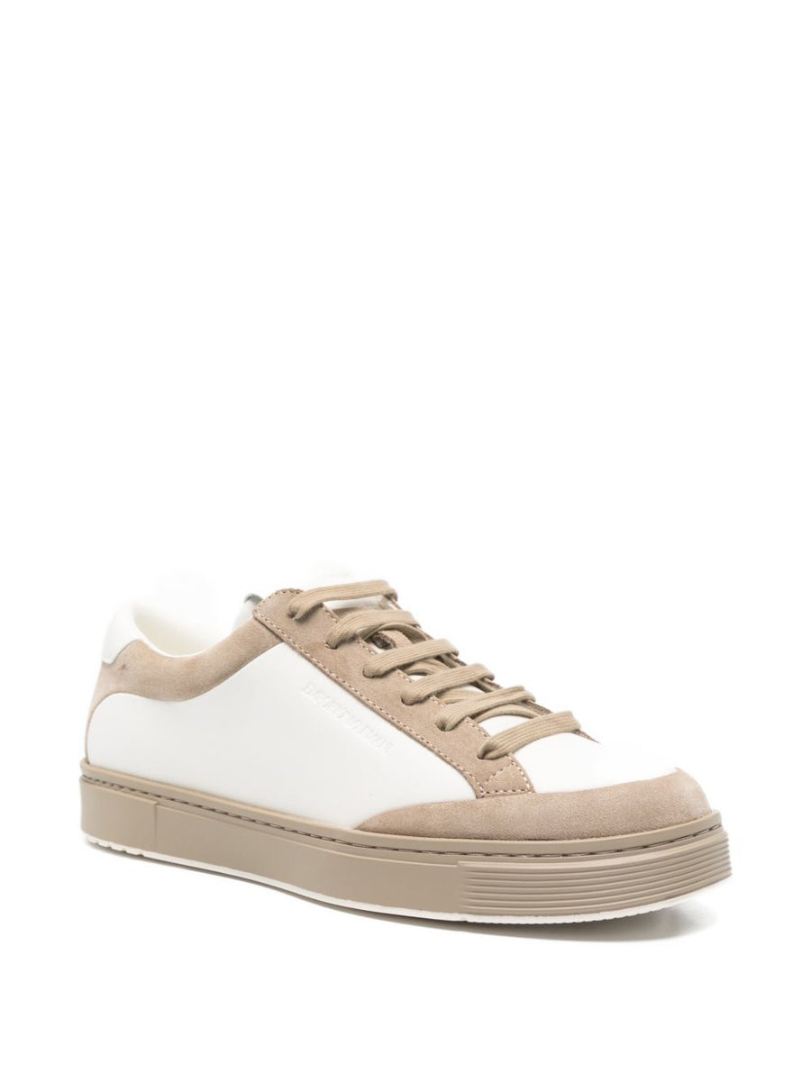 Emporio Armani Leather Sneakers For Men Premium 100 Percent Bovine Split Leather White Beige Lace Up
