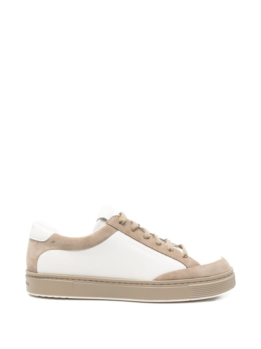 Emporio Armani Leather Sneakers For Men Premium 100 Percent Bovine Split Leather White Beige Lace Up