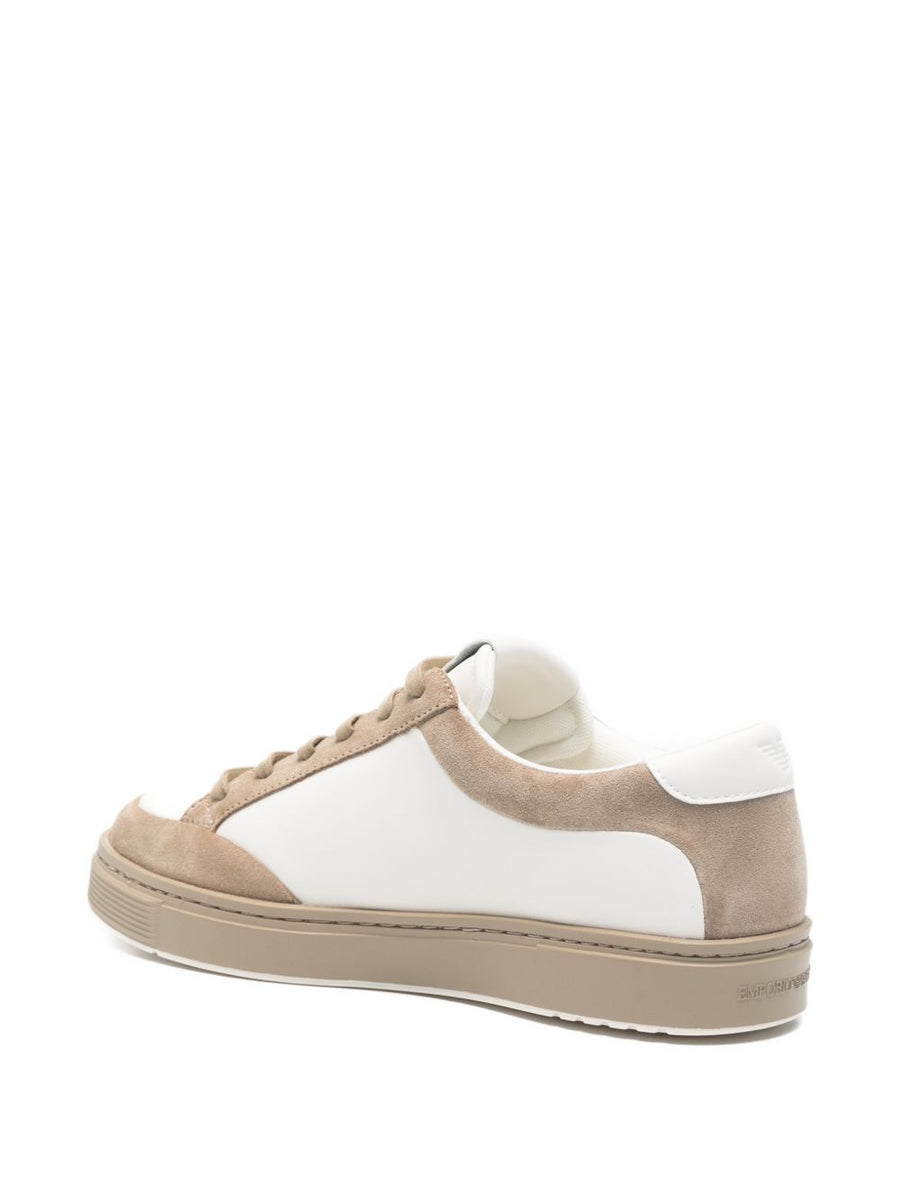 Emporio Armani Leather Sneakers For Men Premium 100 Percent Bovine Split Leather White Beige Lace Up