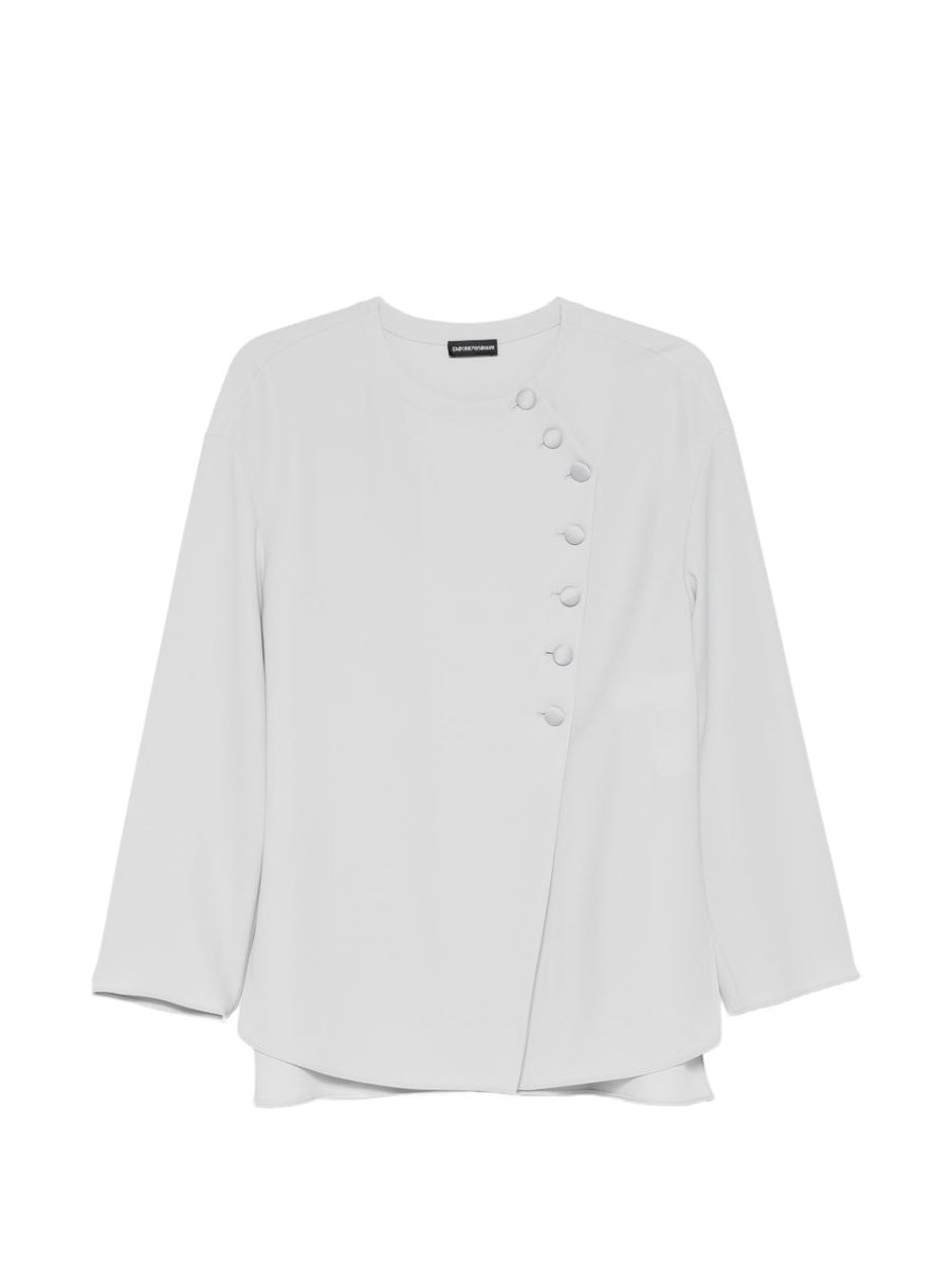 Emporio Armani Women's Light Grey Shirt With Layered Hem And Button Embellishment Versatile Office Wear