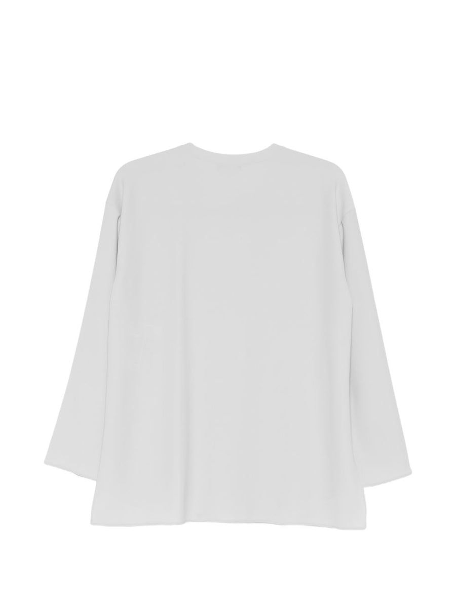 Emporio Armani Women's Light Grey Shirt With Layered Hem And Button Embellishment Versatile Office Wear