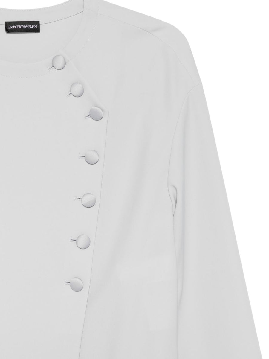 Emporio Armani Women's Light Grey Shirt With Layered Hem And Button Embellishment Versatile Office Wear