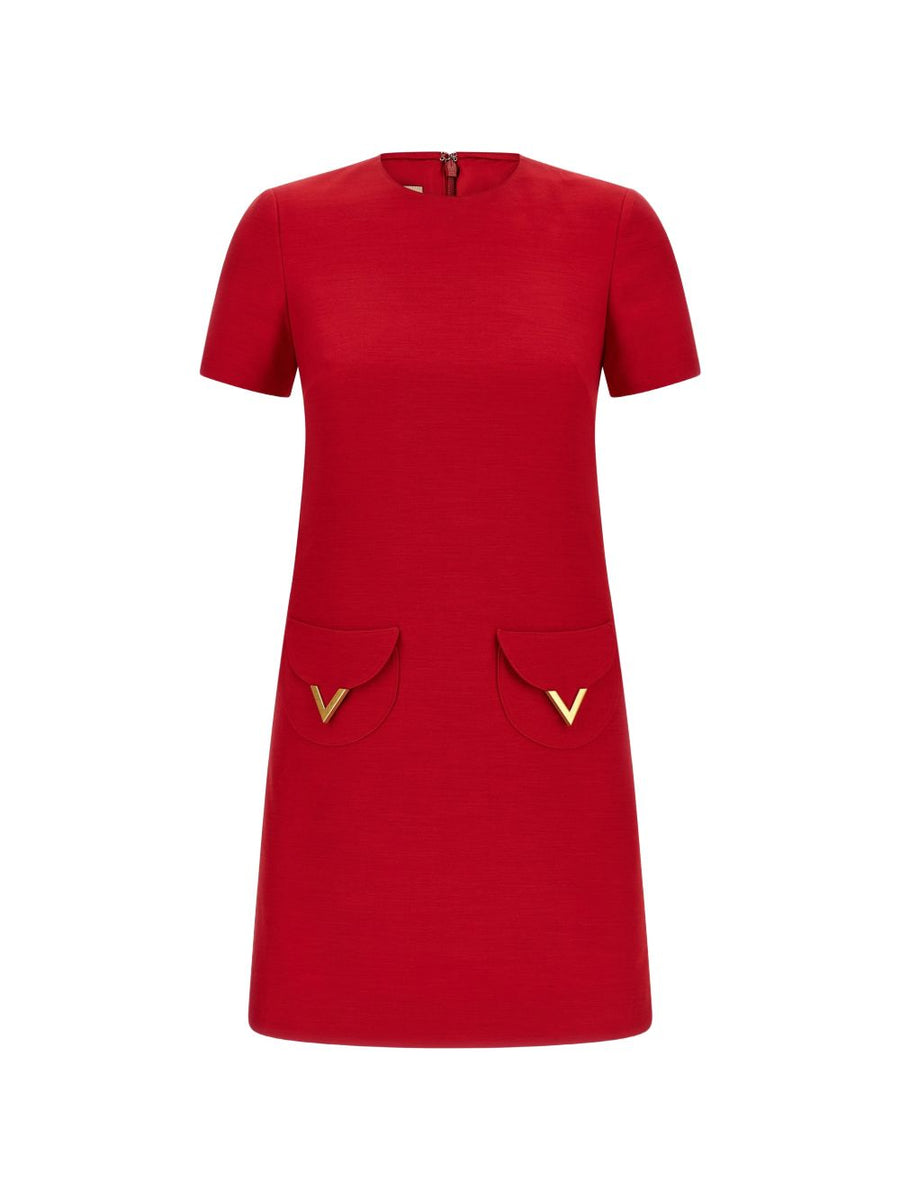 Valentino VLogo Signature Wool Silk Dress For Women Red Luxurious Craftsmanship Ready To Wear