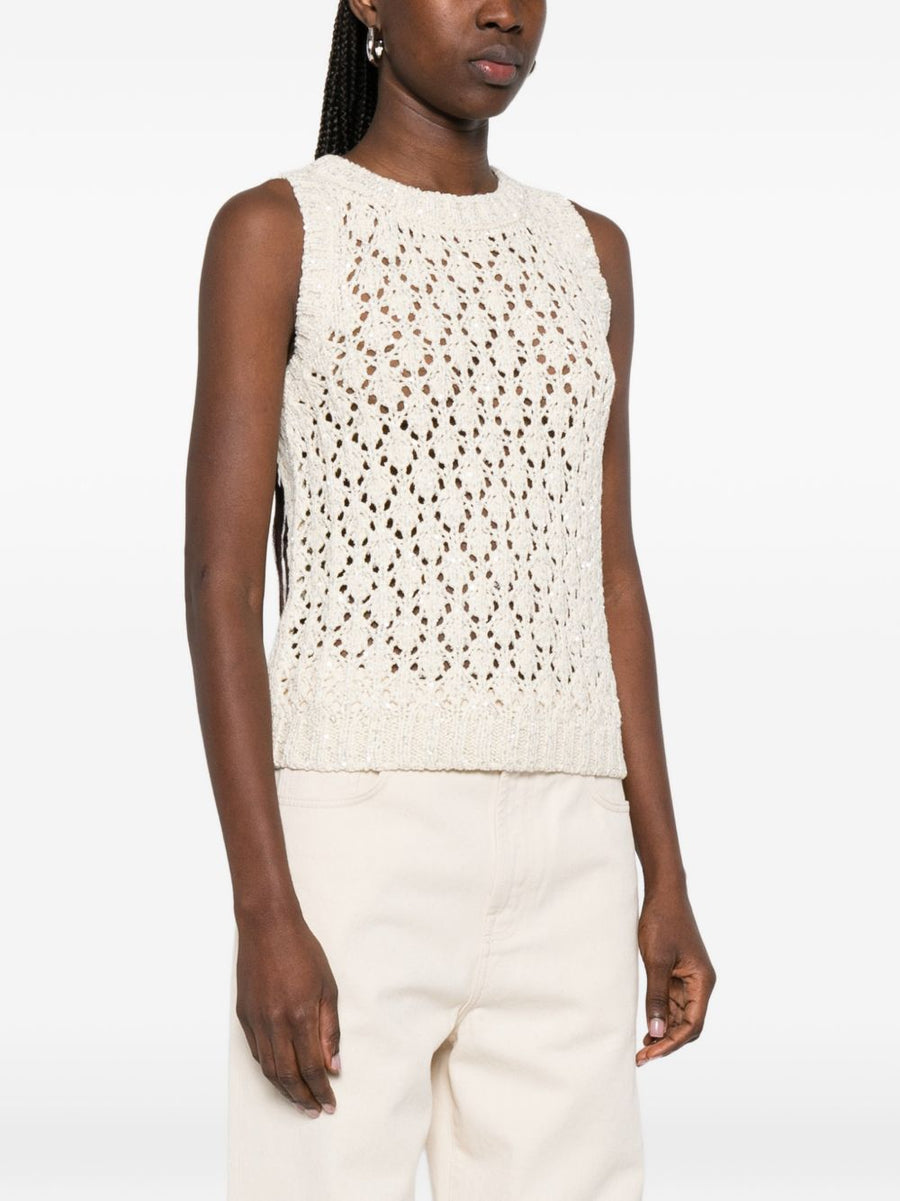 Fabiana Filippi Sleeveless Knit Top For Women With Open Knit Texture White Lightweight Luxury