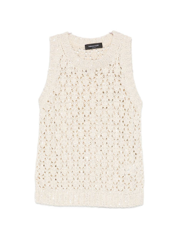 Fabiana Filippi Sleeveless Knit Top For Women With Open Knit Texture White Lightweight Luxury