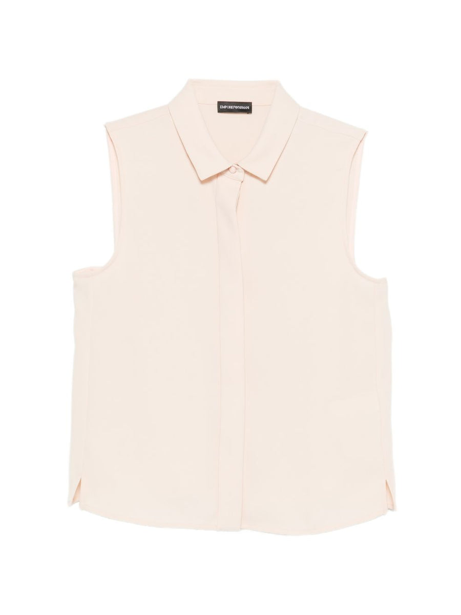 Emporio Armani Sleeveless Blouse For Women Elegant Powder Beige Top With Side Slits Office Ready Luxurious Polyester