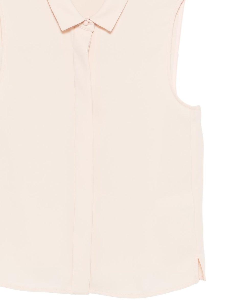 Emporio Armani Sleeveless Blouse For Women Elegant Powder Beige Top With Side Slits Office Ready Luxurious Polyester