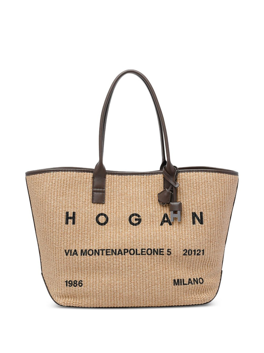Hogan Address Raffia Shopper Bag Beige Medium For Women With Magnetic Closure And Top Handles
