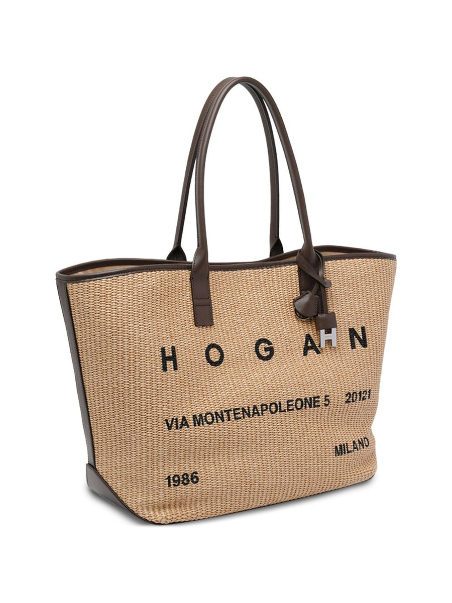 Hogan Address Raffia Shopper Bag Beige Medium For Women With Magnetic Closure And Top Handles