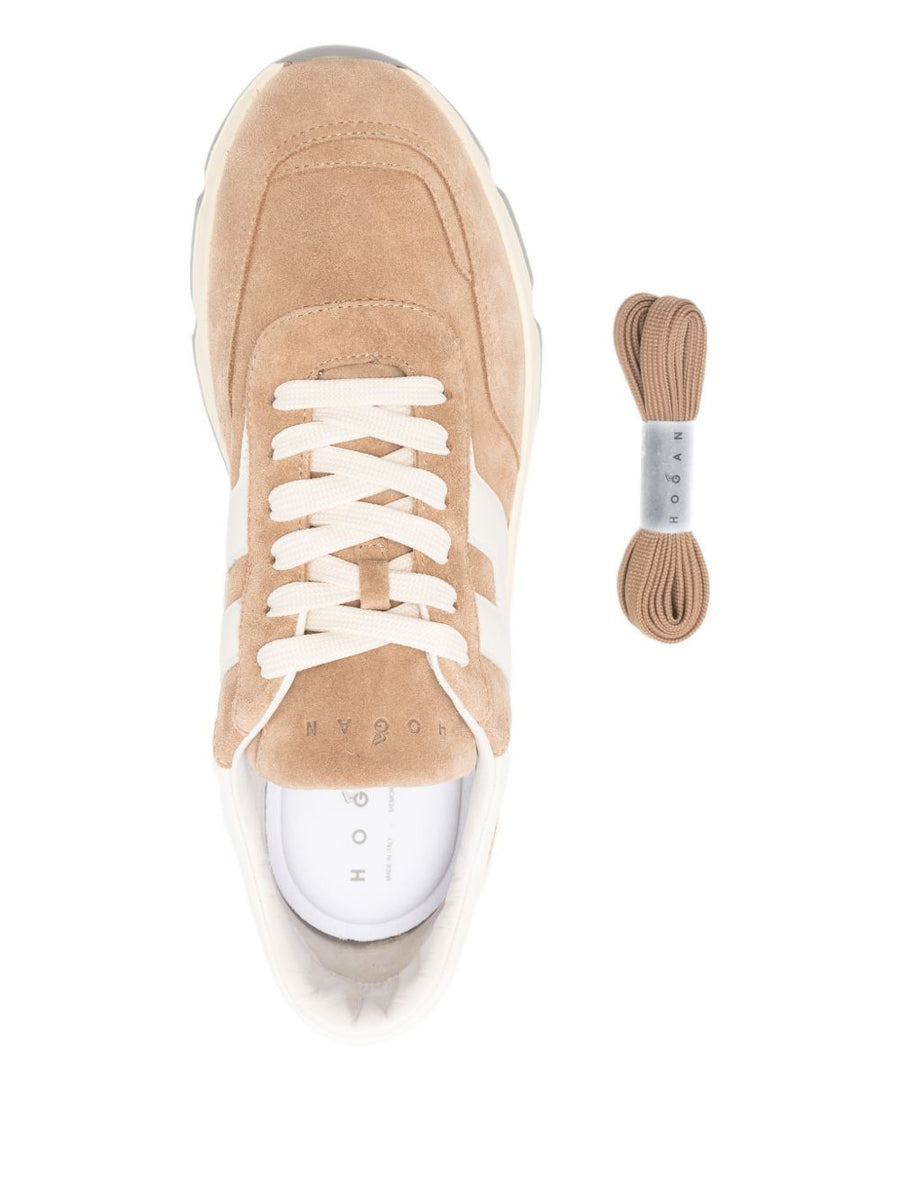 Hogan Hyperlight Sneakers For Men Luxury Beige Calf Suede And Lambskin With Ridged Sole