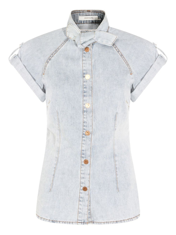 Zimmermann Bow Tie Denim Top For Women Breathable 100 Percent Cotton Versatile Spring Summer Top