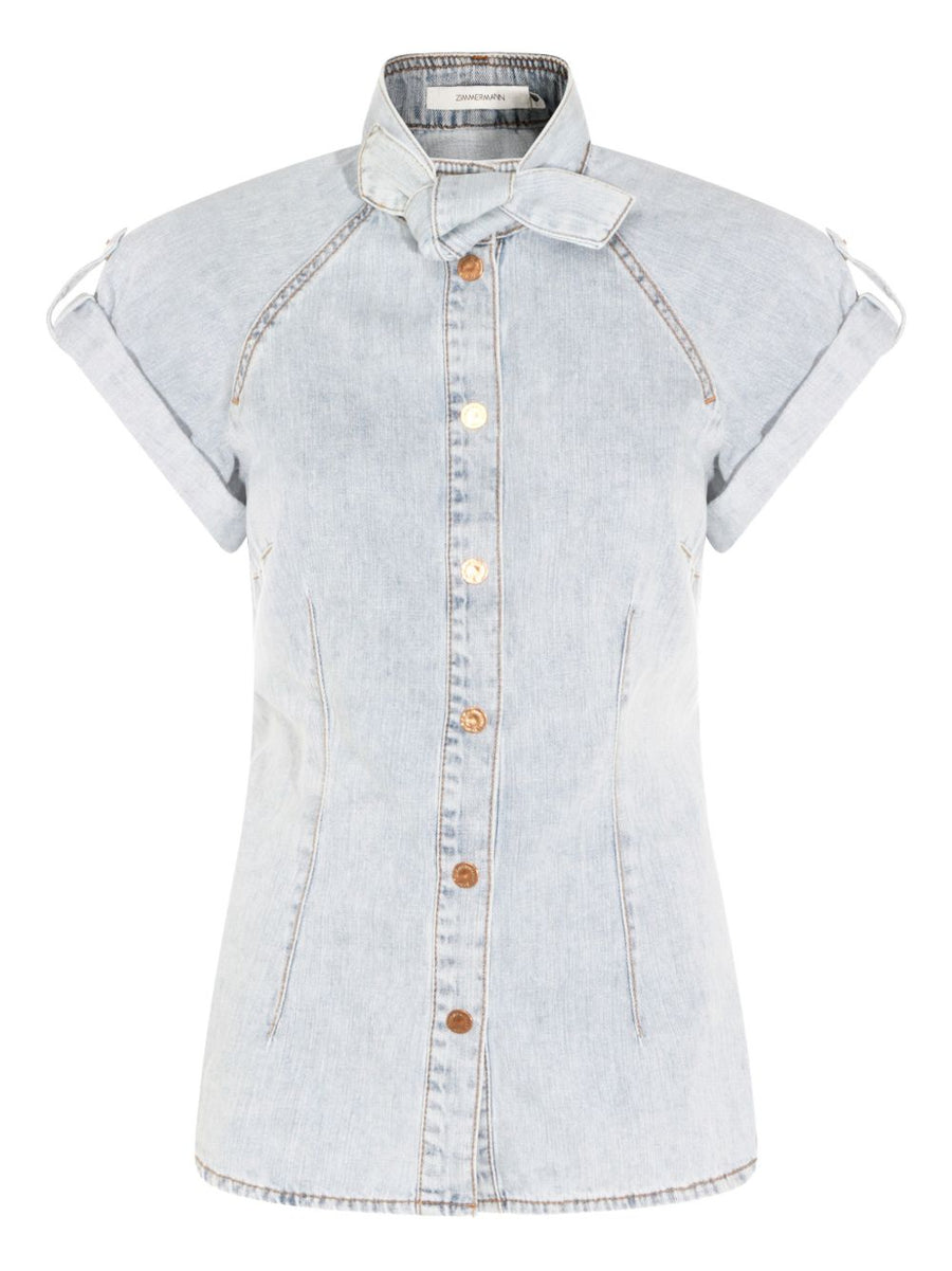 Zimmermann Bow Tie Denim Top For Women Breathable 100 Percent Cotton Versatile Spring Summer Top