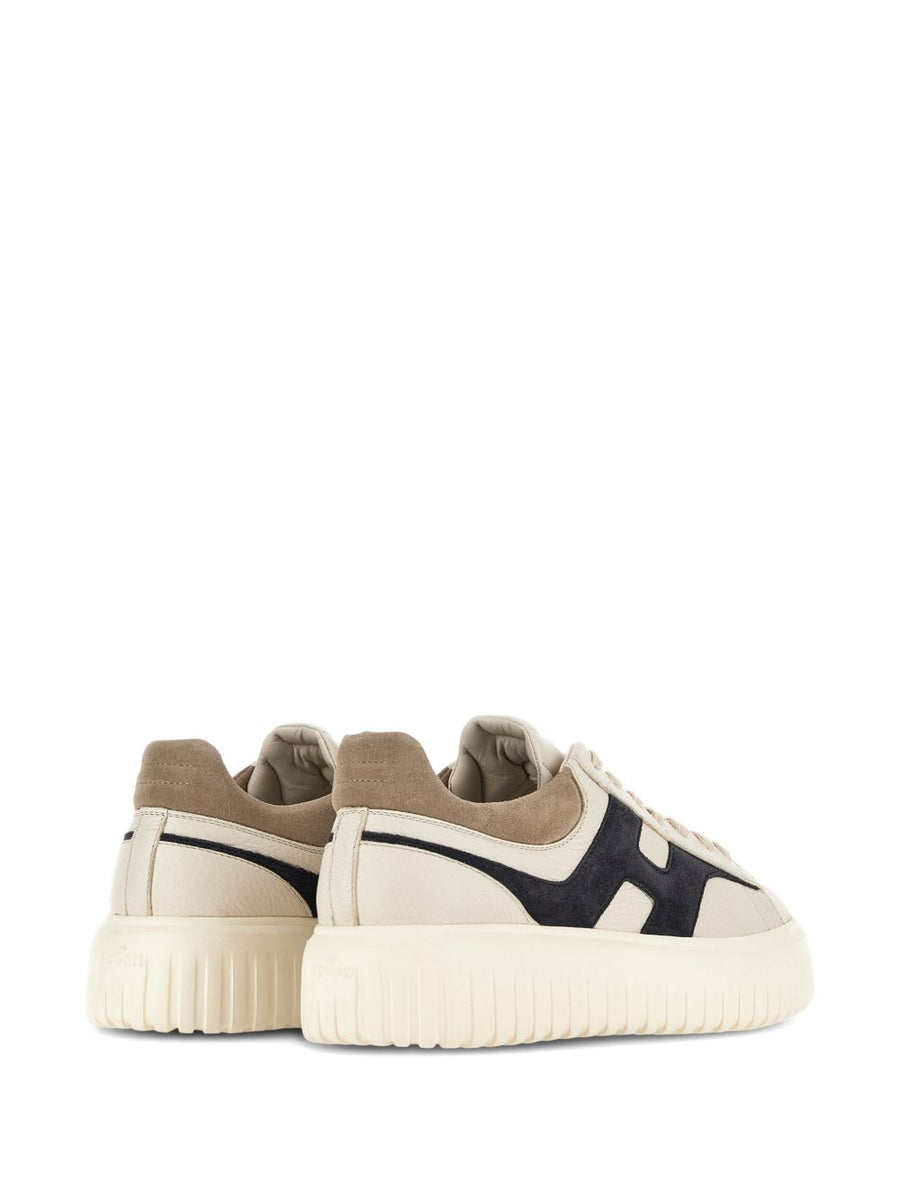 Hogan H-Stripes Sneakers For Men, Ecru Leather With Suede Details, Premium Everyday Wear