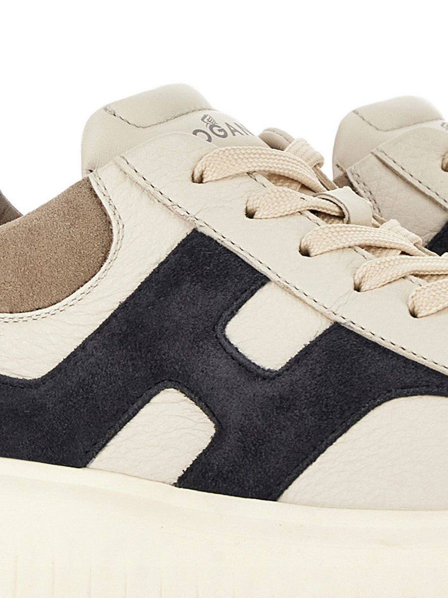 Hogan H-Stripes Sneakers For Men, Ecru Leather With Suede Details, Premium Everyday Wear