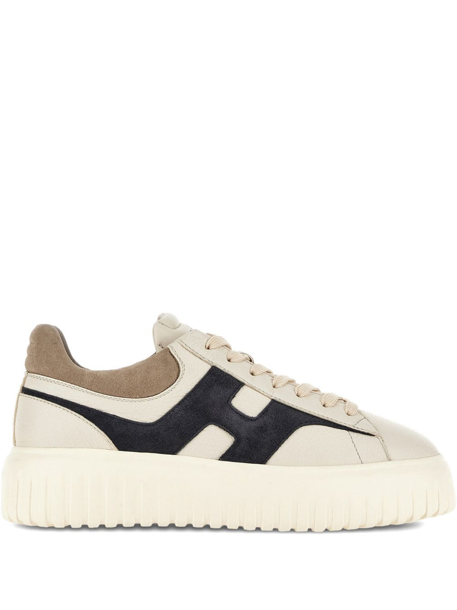Hogan H-Stripes Sneakers For Men, Ecru Leather With Suede Details, Premium Everyday Wear