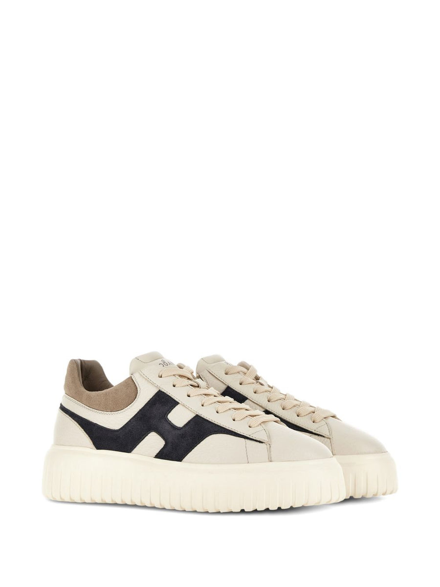 Hogan H-Stripes Sneakers For Men, Ecru Leather With Suede Details, Premium Everyday Wear