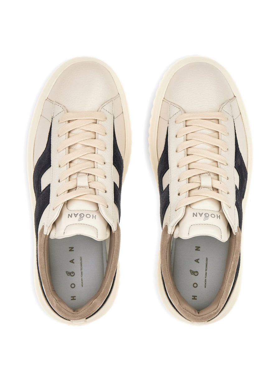 Hogan H-Stripes Sneakers For Men, Ecru Leather With Suede Details, Premium Everyday Wear