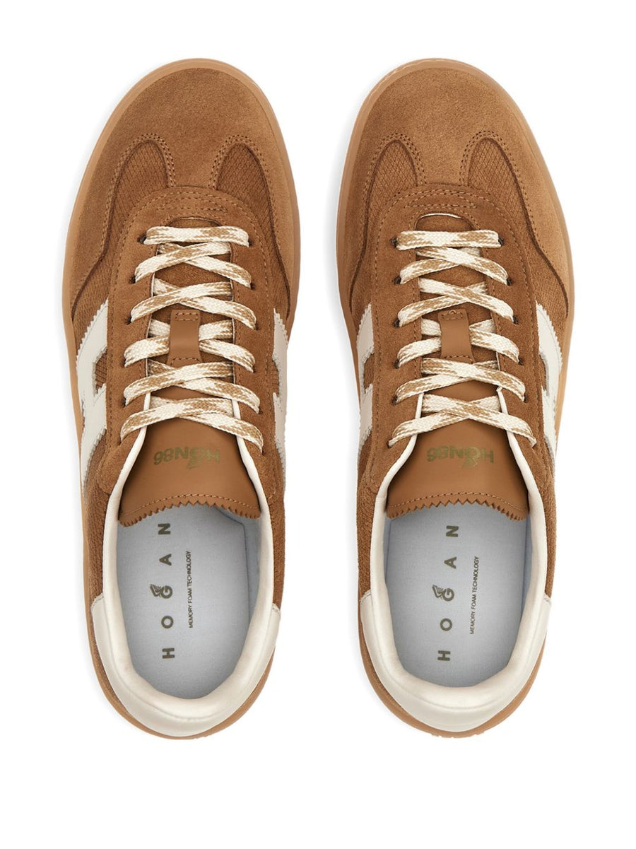 Hogan Cool Sneakers for Women Premium Calf Suede Upper Luggage Brown 1.5cm Heel Lace Up Panelled Versatile Design