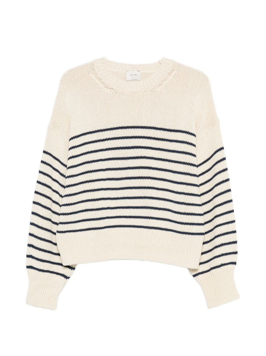 Cotton Crewneck Sweater Alysi for Women Beige Blue Striped Knit for Everyday Layering Comfort
