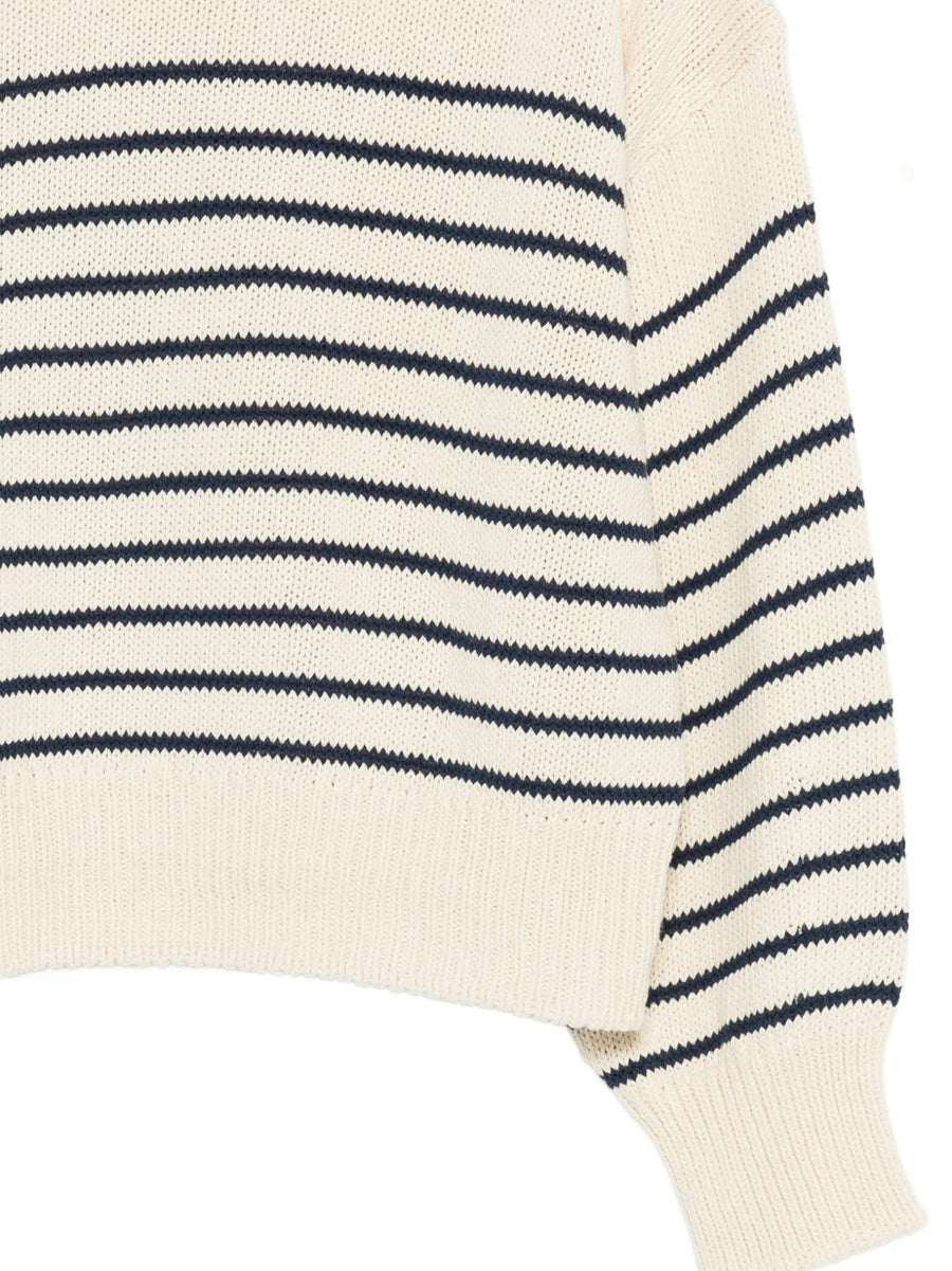 Cotton Crewneck Sweater Alysi for Women Beige Blue Striped Knit for Everyday Layering Comfort