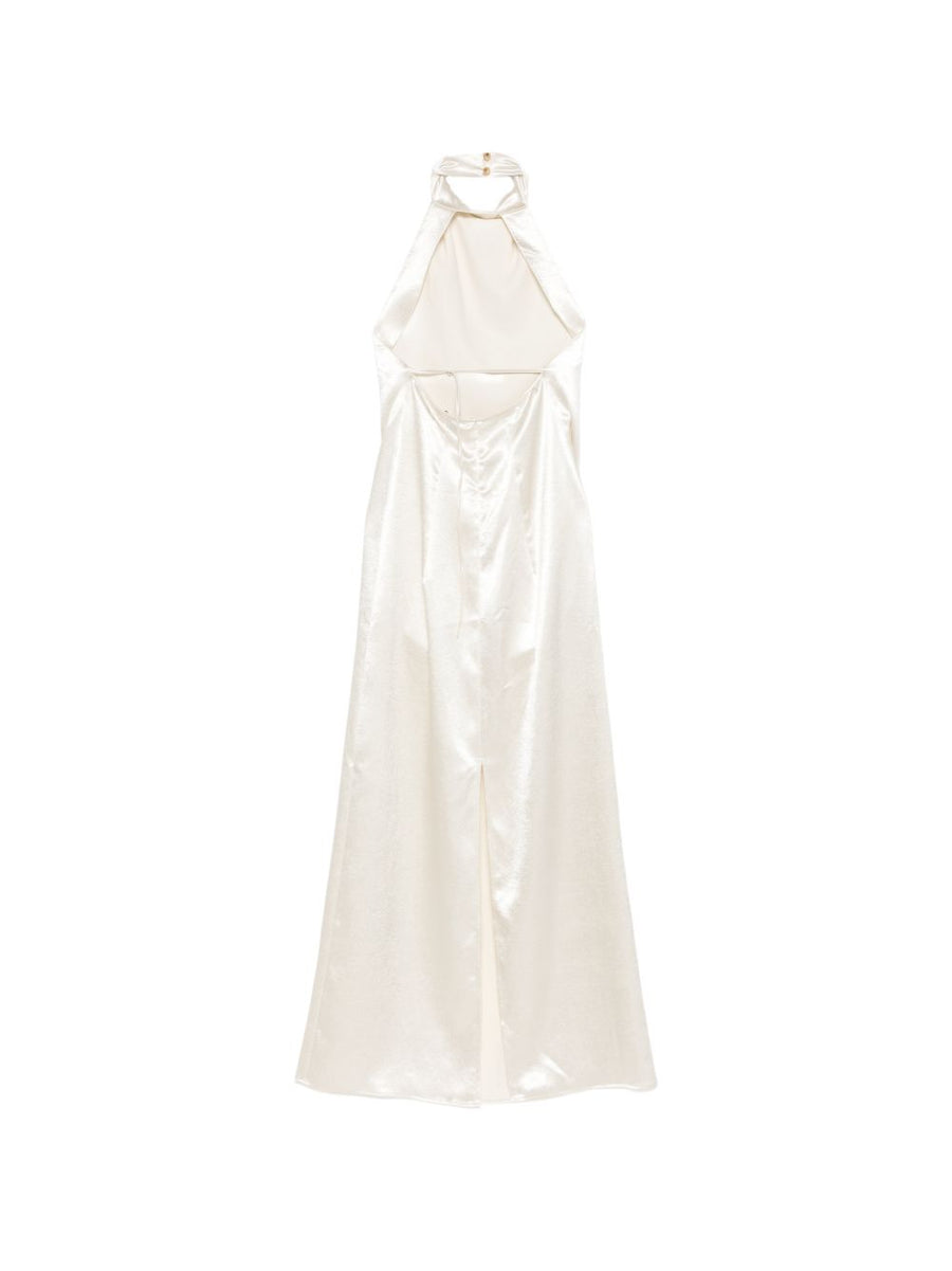 Alysi Satin Long Dress White Halter Open Back Luxurious Elegant Evening Gown For Women