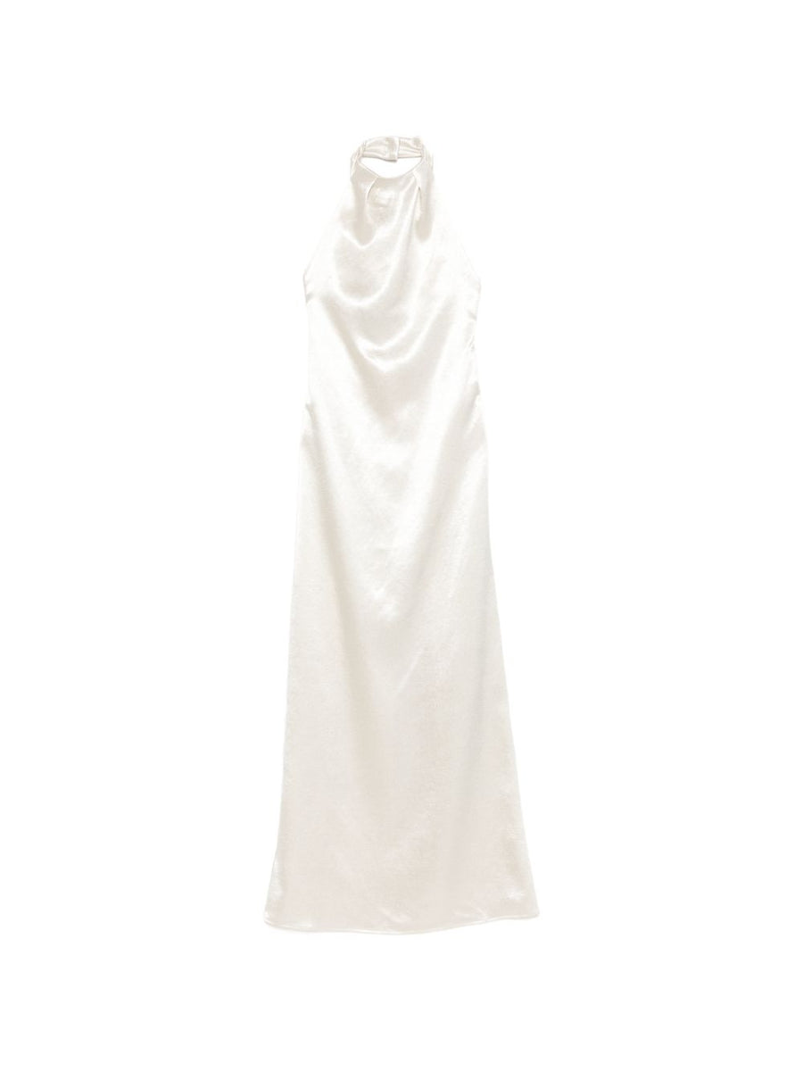 Alysi Satin Long Dress White Halter Open Back Luxurious Elegant Evening Gown For Women