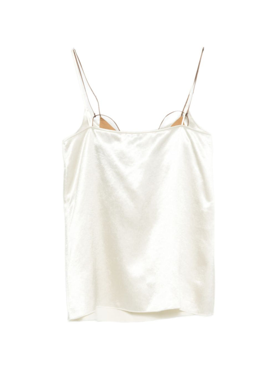 Alysi Satin Top For Women Luxurious 100 Percent Polyester Satin With Square Neck Beige Strap Detailing