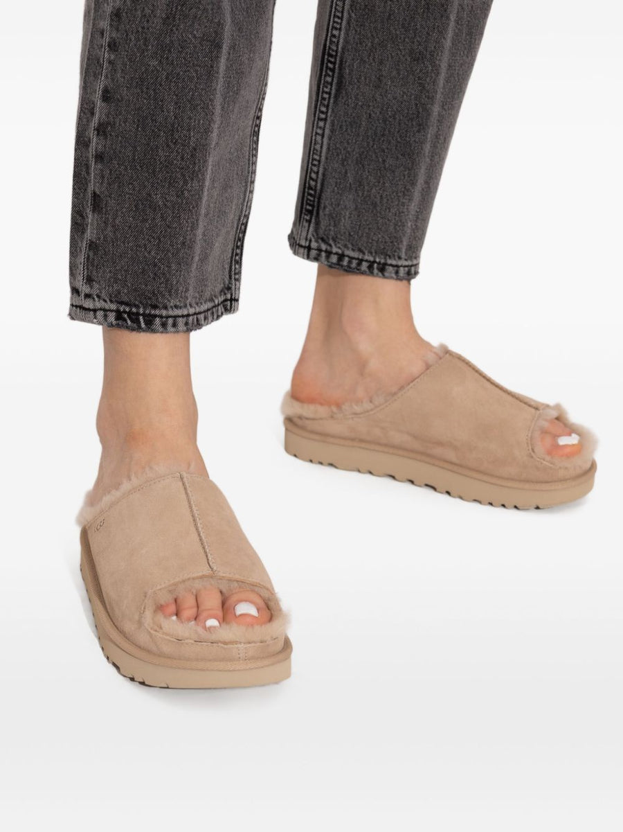 UGG Greenport Slides For Women With Plush Shearling Lining Beige Suede Open Toe Durable Rubber Sole