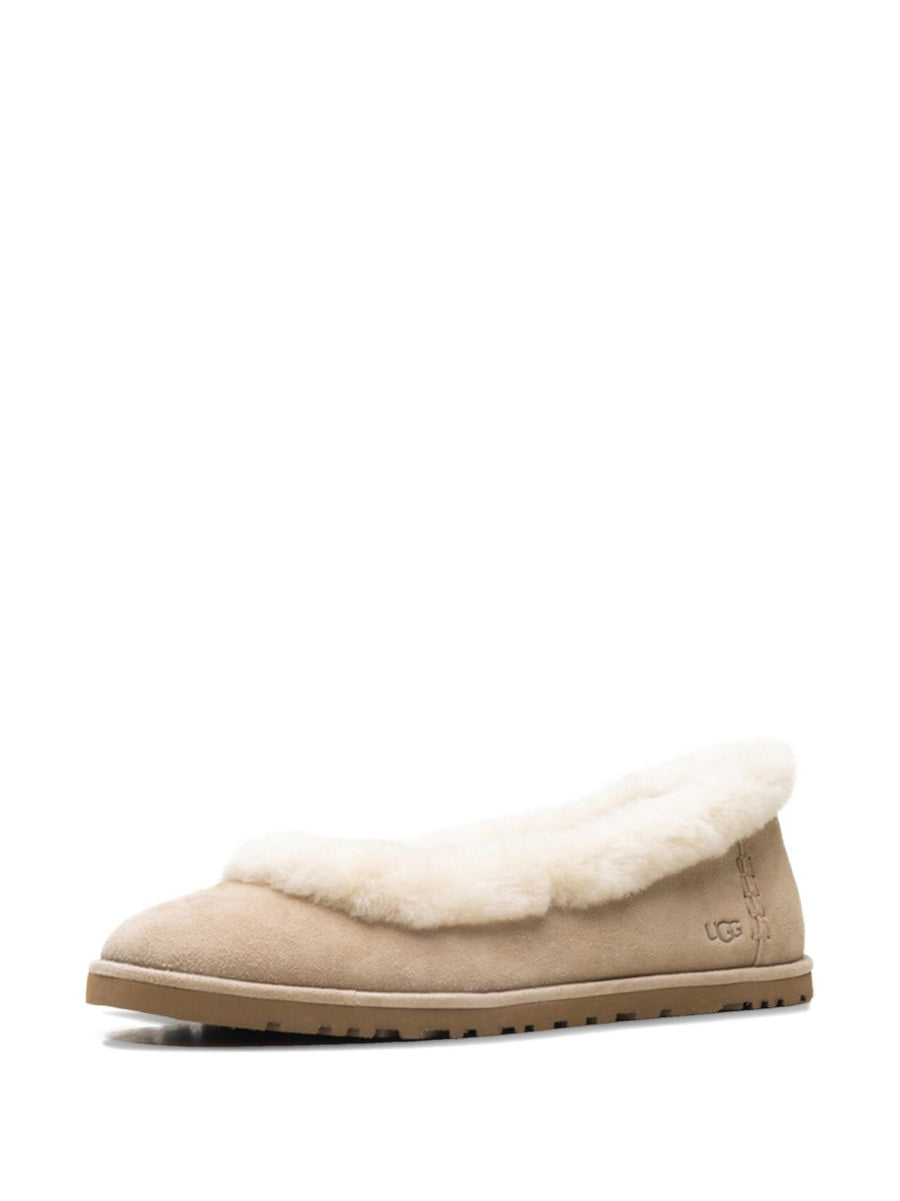 UGG Zora Ballet Flats Beige Calf Suede With Plush Fur Trim For Women Everyday Chic