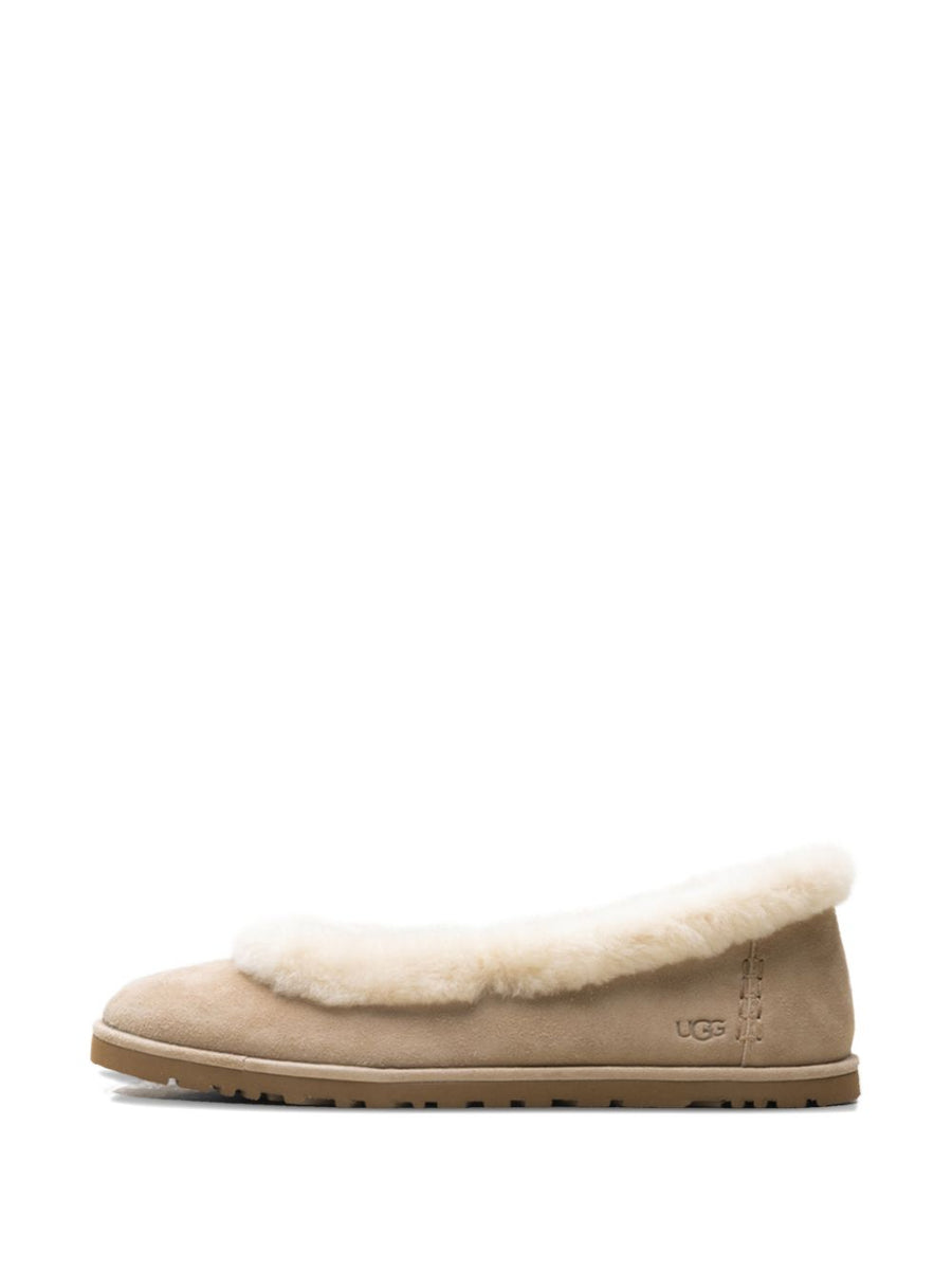 UGG Zora Ballet Flats Beige Calf Suede With Plush Fur Trim For Women Everyday Chic