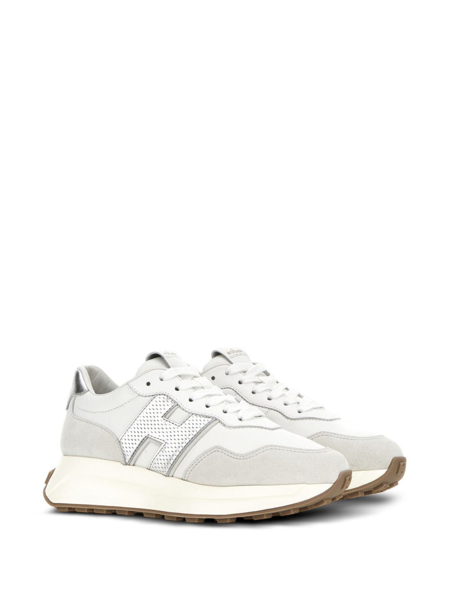 Hogan H641 Silver Leather Sneakers For Women With 4cm Heel And 2cm Platform Perforated Calf Leather