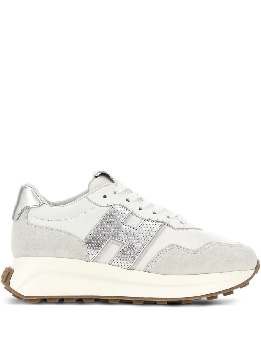 Hogan H641 Silver Leather Sneakers For Women With 4cm Heel And 2cm Platform Perforated Calf Leather