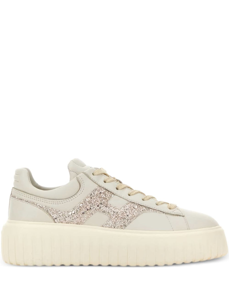 Hogan H Stripes Platform Sneakers For Women Luxurious Beige Glitter Detail Nappa Leather
