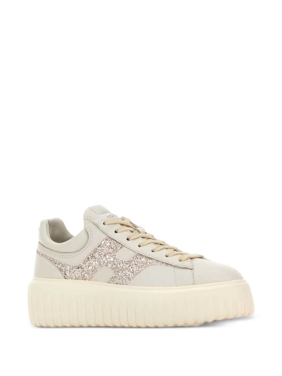 Hogan H Stripes Platform Sneakers For Women Luxurious Beige Glitter Detail Nappa Leather