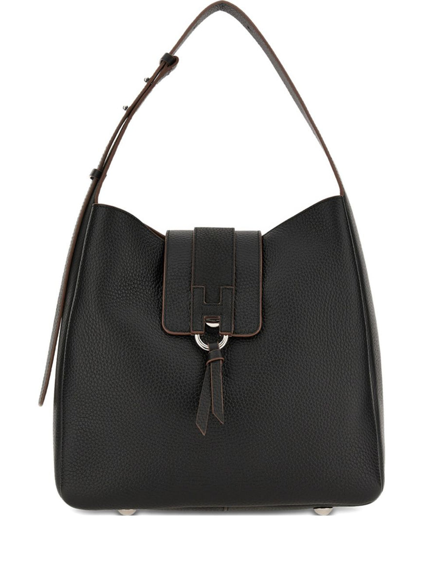 Hogan Trend Black Calfskin Hobo Bag For Women Versatile Everyday Shoulder Bag With Durable Silver Hardware