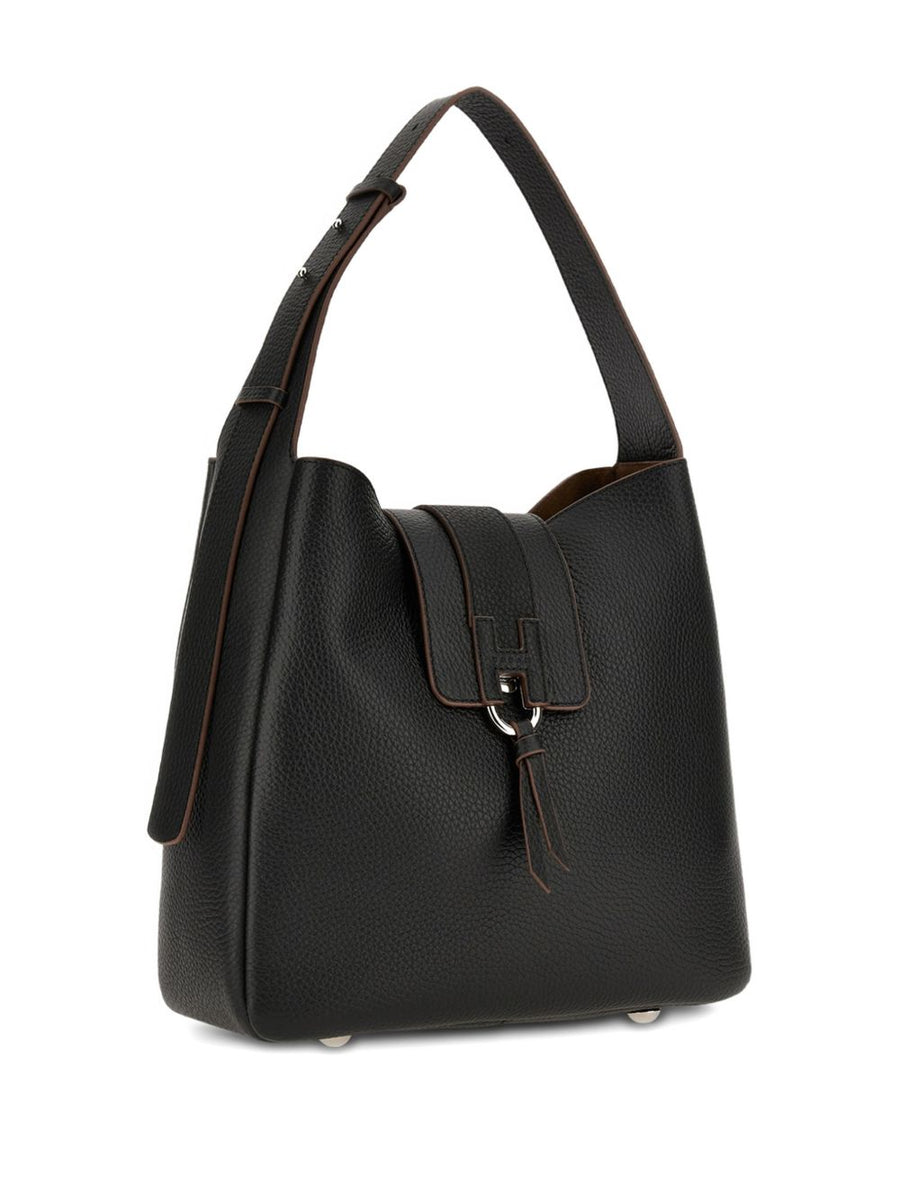 Hogan Trend Black Calfskin Hobo Bag For Women Versatile Everyday Shoulder Bag With Durable Silver Hardware