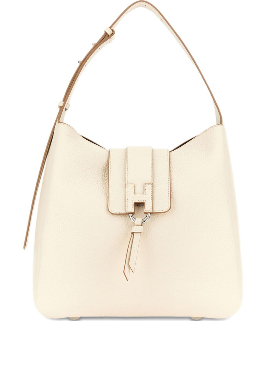 Hogan Trend Hobo Bag White Calfskin Leather With Adjustable Ecru Strap For Women Luxury