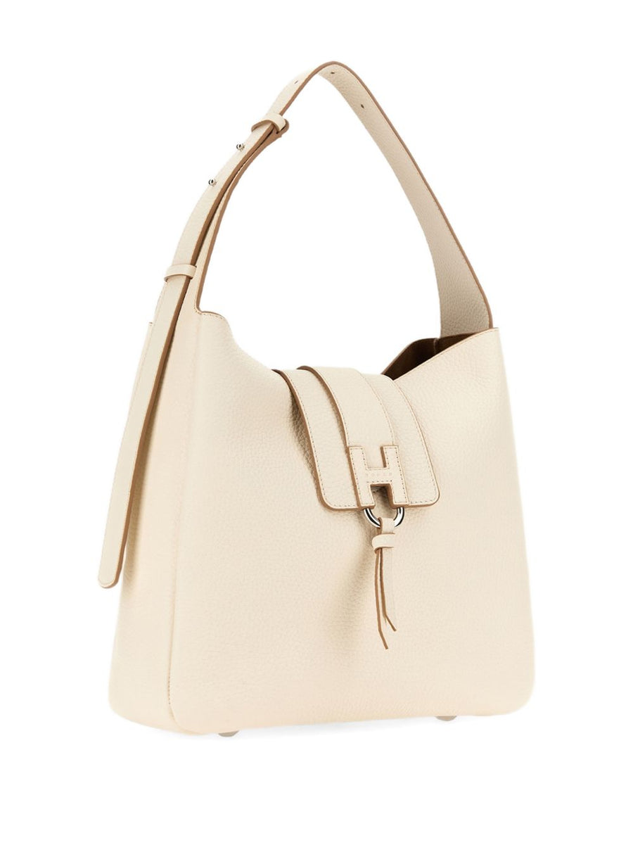Hogan Trend Hobo Bag White Calfskin Leather With Adjustable Ecru Strap For Women Luxury